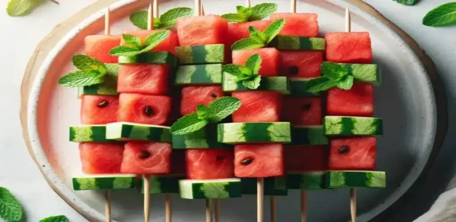 brochetas de sandía y menta en frutas y hortalizas blanco leon