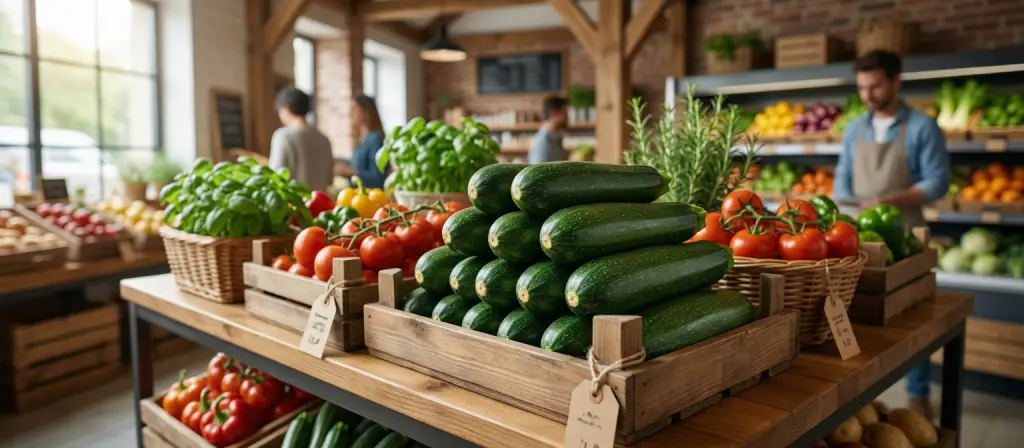 Calabacines frescos en una frutería de barrio