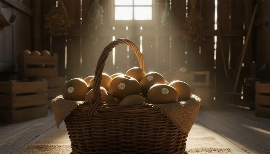 Cesta de mimbre tradicional llena de manzanas reineta frescas en una frutería de León con luz natural.