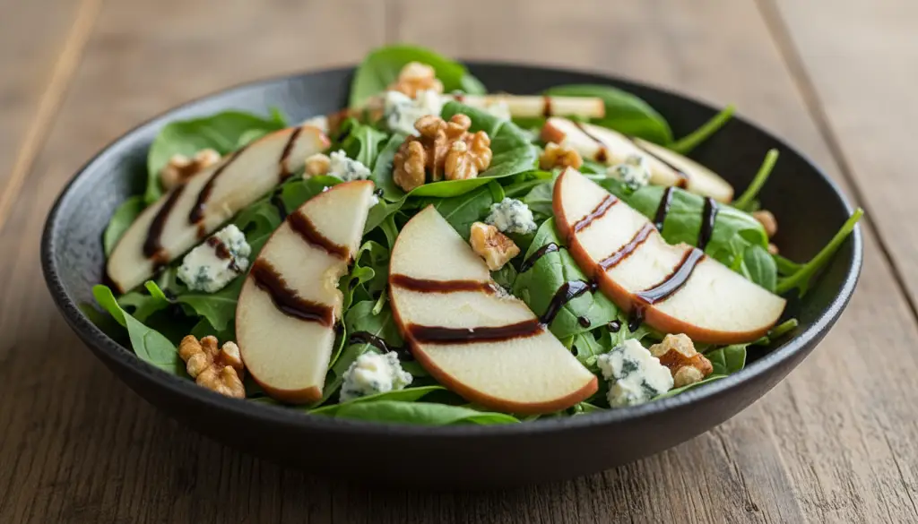 Ensalada fresca de manzana reineta del Bierzo, nueces y queso azul en un bol cerámico oscuro.