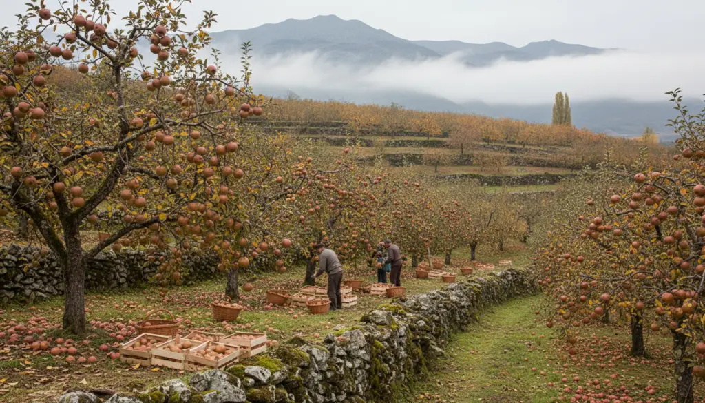 Huerto tradicional de manzanos en el Bierzo durante la cosecha de la manzana reineta con montañas de León al fondo.