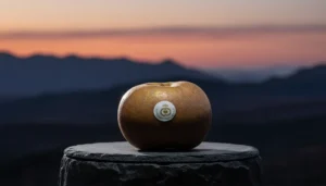 Manzana reineta del Bierzo sobre pedestal de pizarra con la silueta de Las Médulas al atardecer, León.