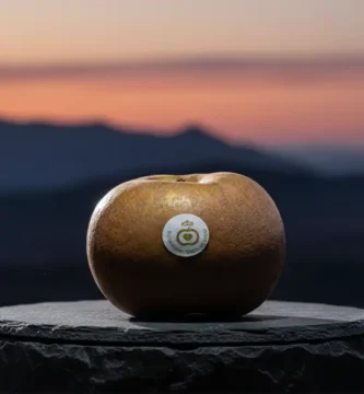 Manzana reineta del Bierzo sobre pedestal de pizarra con la silueta de Las Médulas al atardecer, León.