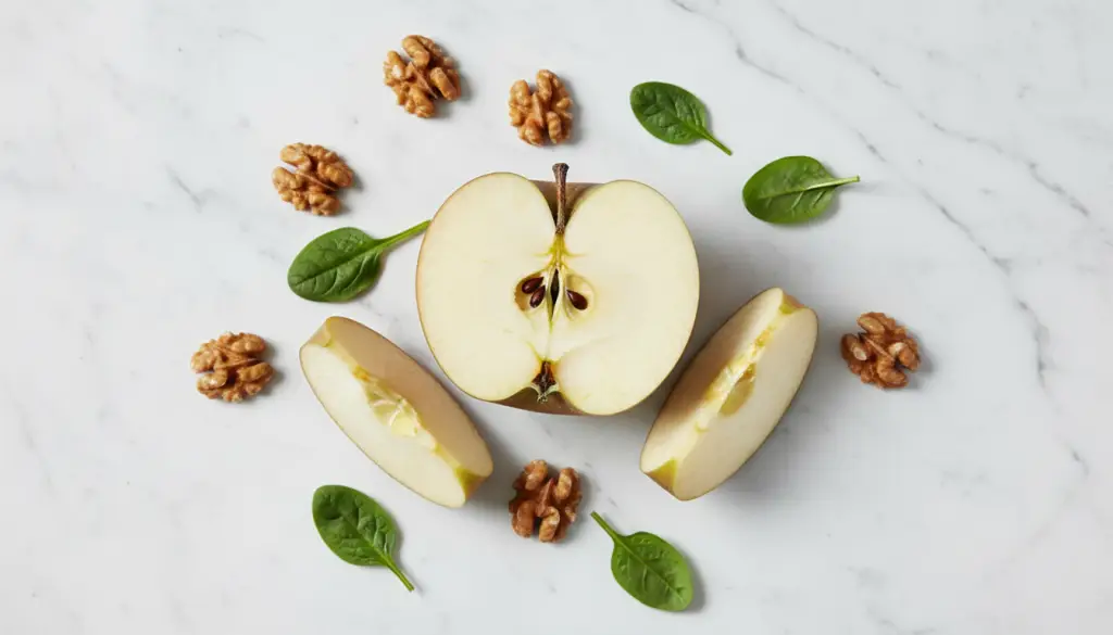 Manzana reineta laminada con nueces y espinacas sobre mármol, destacando los beneficios saludables de la fruta.