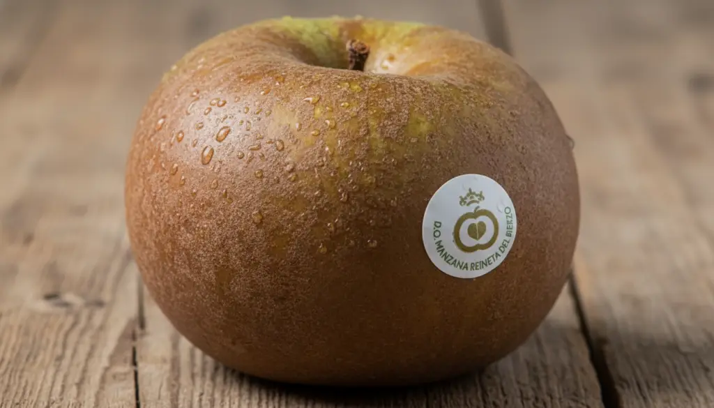 Primer plano macro de la textura rugosa y natural de la piel de una manzana reineta fresca de León con gotas de agua.