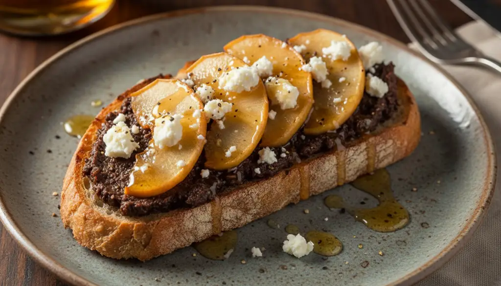 Tosta de morcilla de León con láminas de manzana reineta caramelizada, queso de cabra y miel.